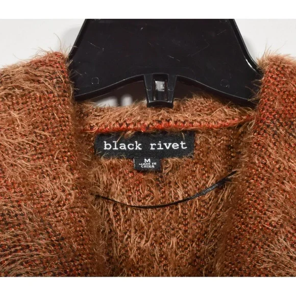 Black Rivet Brown Fuzzy Metallic Buckle Side Shawl Collar Cardigan Sweater Sz M - Picture 2 of 3